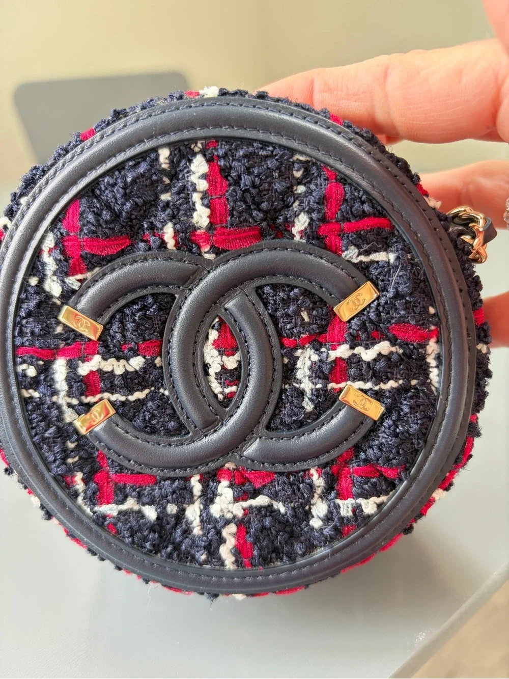 CHANEL Black Tweed Round Shoulder Bag with Red & White Accents
